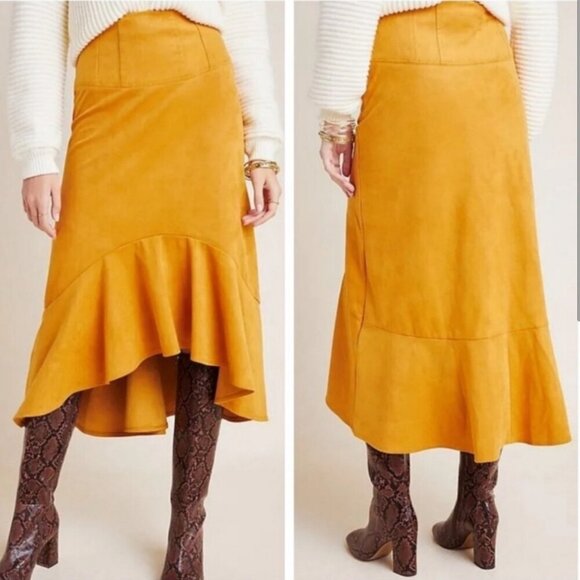 Maeve by Anthropologie Cosima Flounced High Low Skirt Brushed Faux Suede Sz 0 - Picture 12 of 13